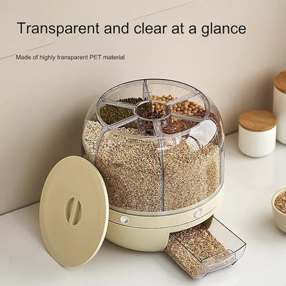 Rotating Grain Dispenser for Kitchen 6 Compartment Storage Container