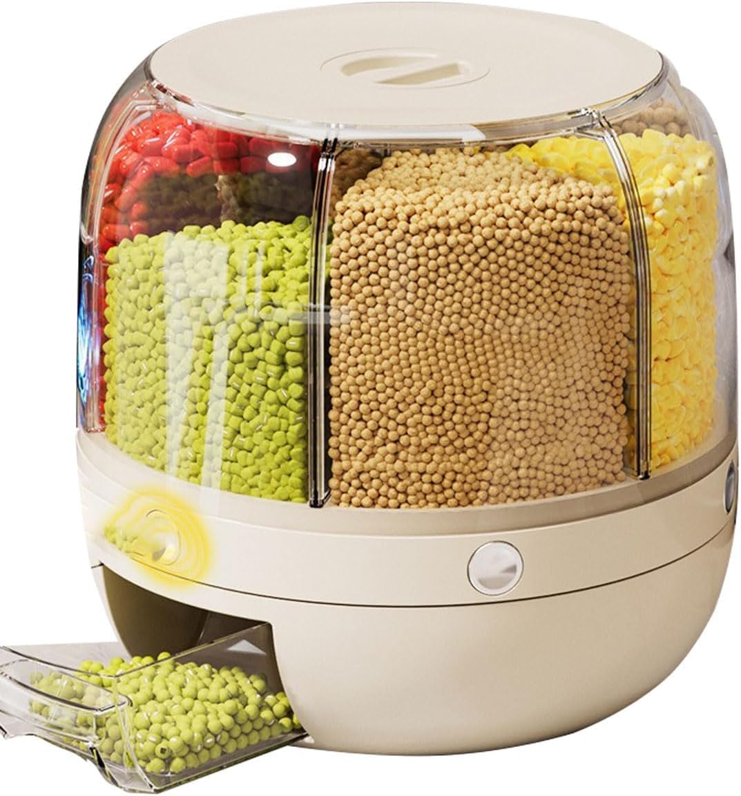 Rotating Grain Dispenser for Kitchen 6 Compartment Storage Container