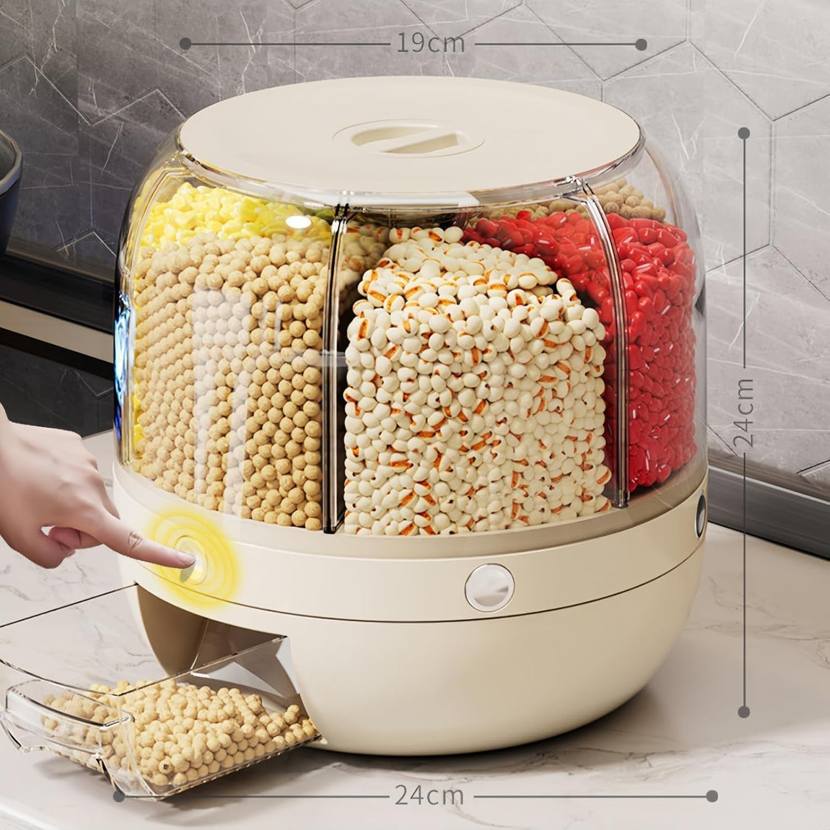 Rotating Grain Dispenser for Kitchen 6 Compartment Storage Container
