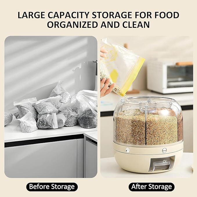 Rotating Grain Dispenser for Kitchen 6 Compartment Storage Container