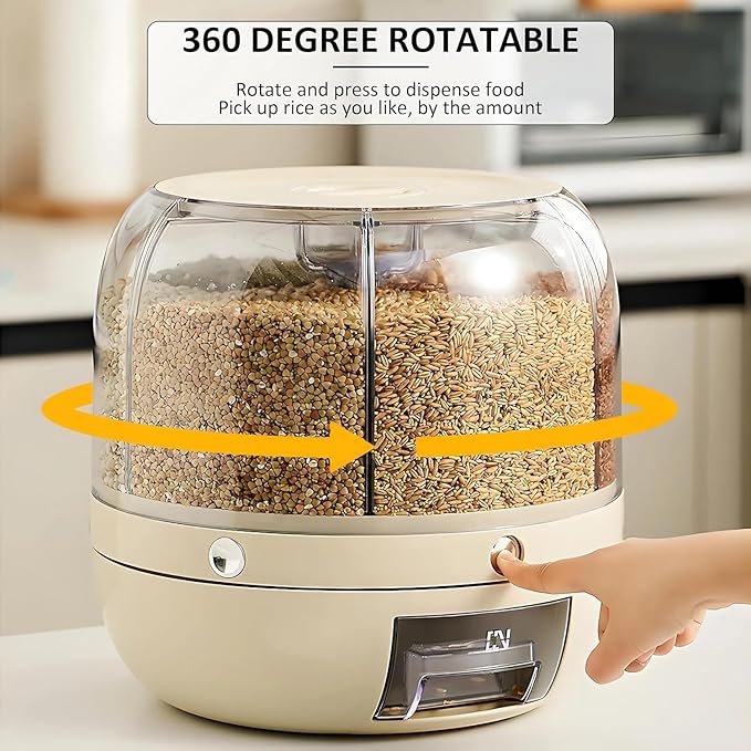 Rotating Grain Dispenser for Kitchen 6 Compartment Storage Container